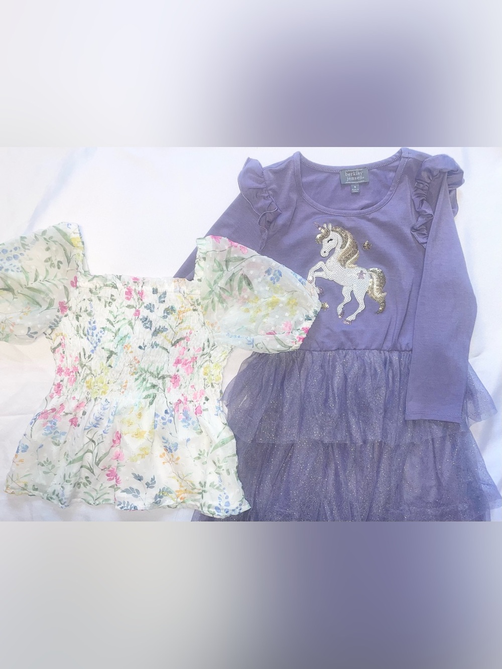 🦄🌸Girls Purple Unicorn Tulle Dress & Floral Puff Sleeve Top Bundle🦄🌸 8